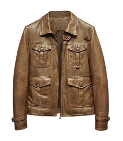 Brown biker four pocket sheepskin leather jacket