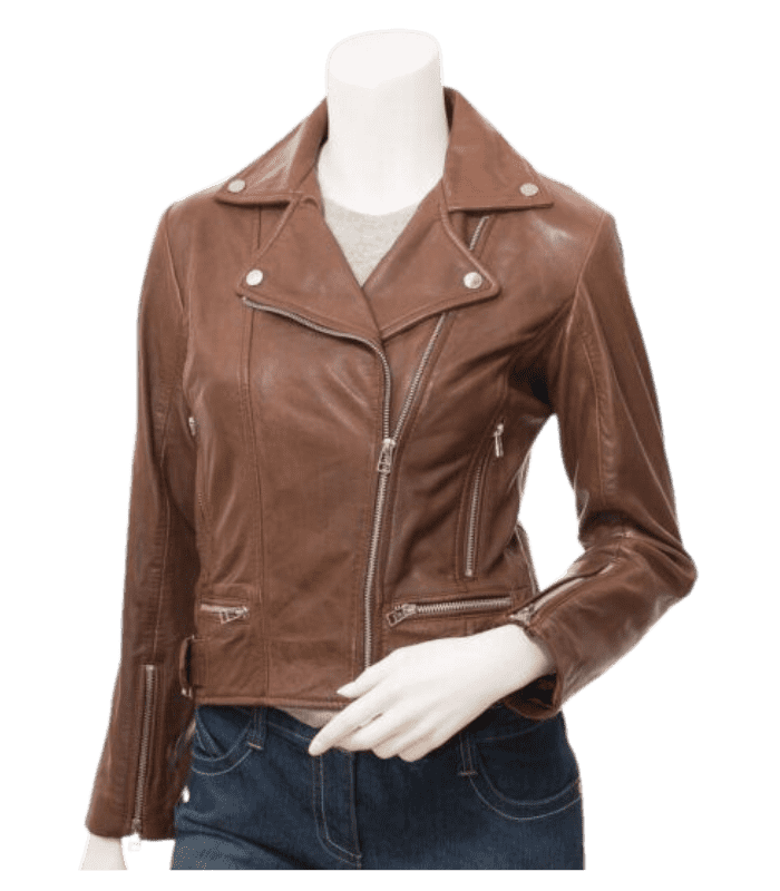woman brown biker leather jacket by sharsal