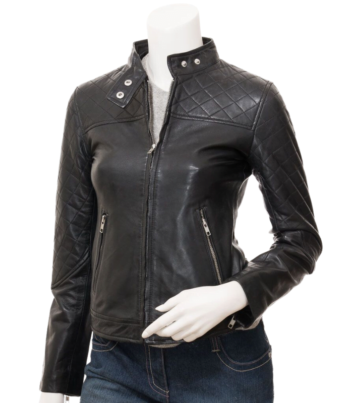 Womens Black Biker Quilted Shoulders Leather Jacket By Sharsal