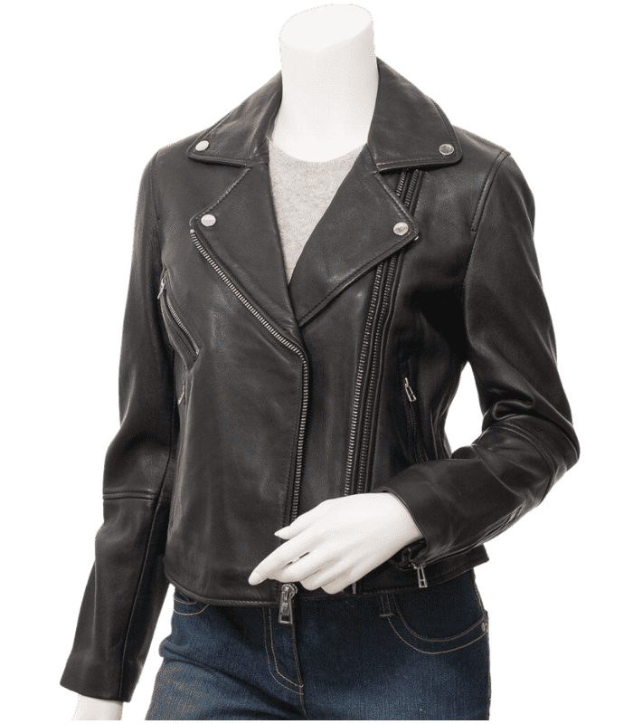 Womens Black Classic Biker Leather Jacket By Sharsal