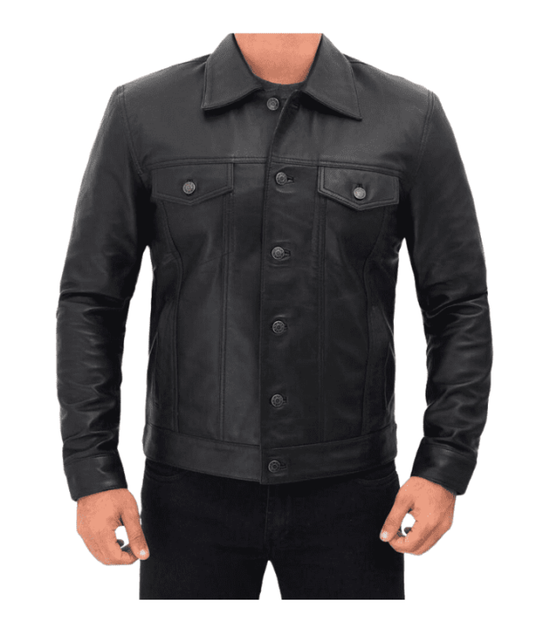 Black Genuine Leather Trucker Jacket For Men
