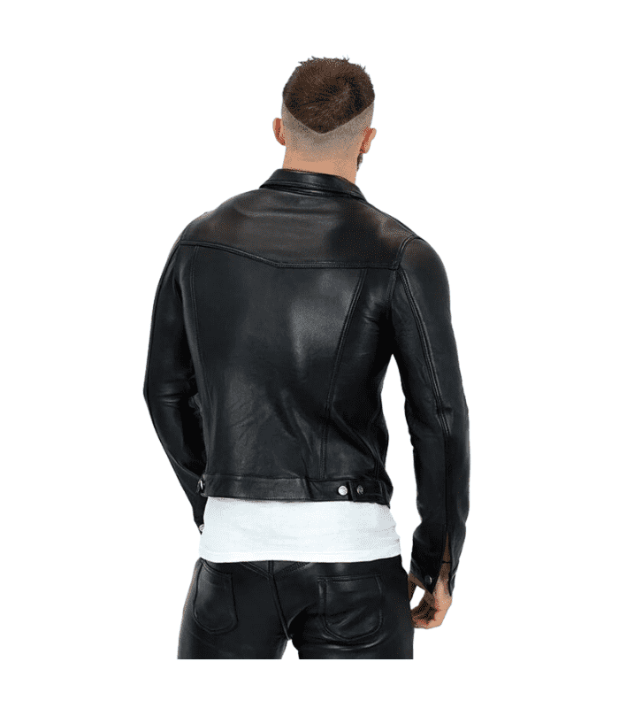 Black Genuine Leather Trucker Jacket For Men Mens Leather Shirt