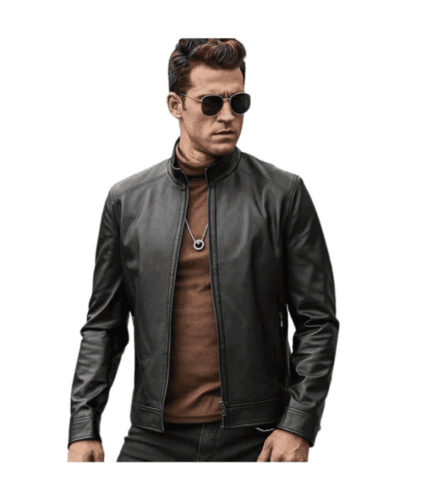 Men Black Stand Collar Aviator Leather Jacket by Sharsal