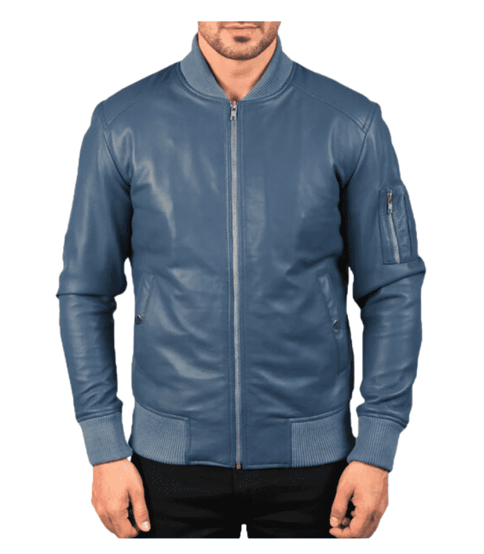 Blue leather bomber jacket by Sharsal