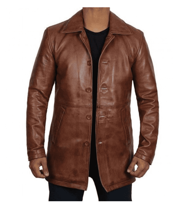 Men Brown Leather Trench Coat / Leather Tailored Outdoor Long Coat