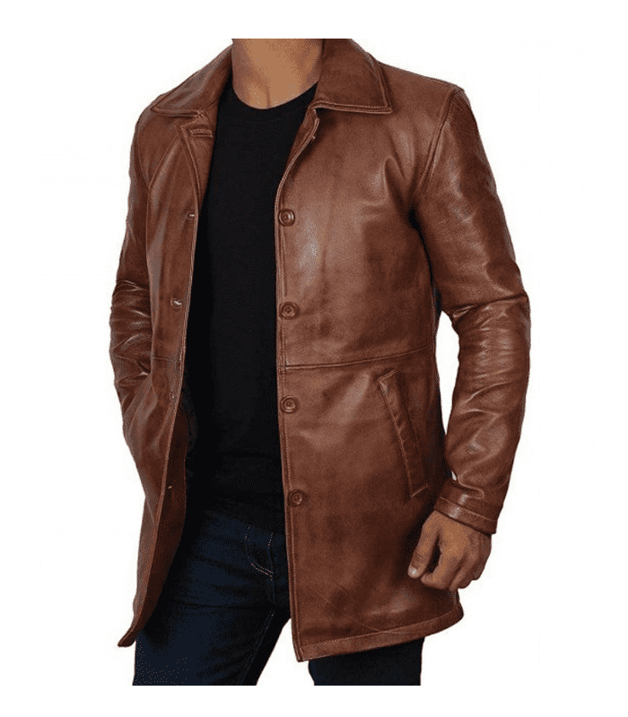Men'S Brown Leather Trench Coat / Leather Tailored Outdoor Long Coat