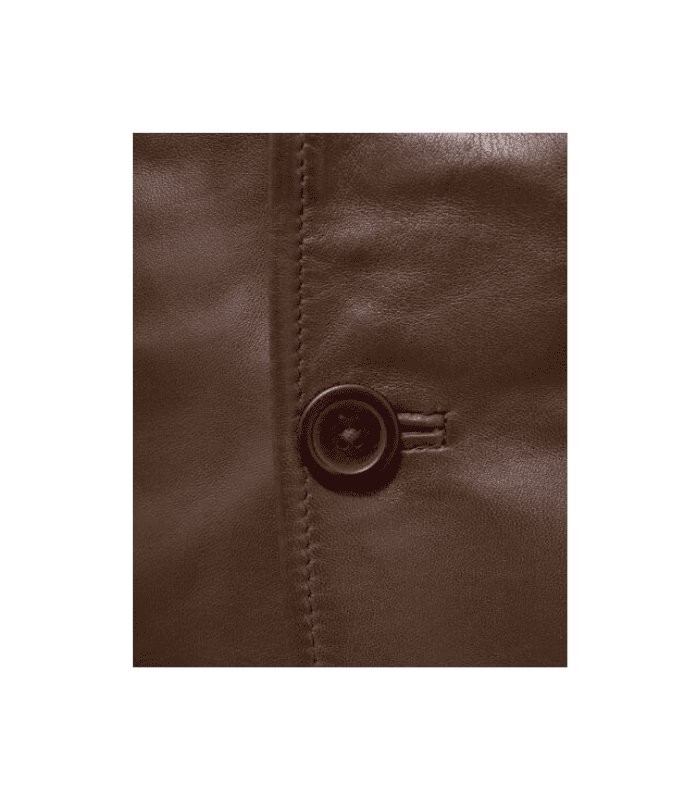 Brown Reefer Style Leather Coat button