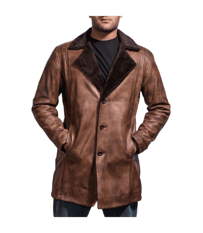 Brown Real Sheepskin Mens Long Leather Coat