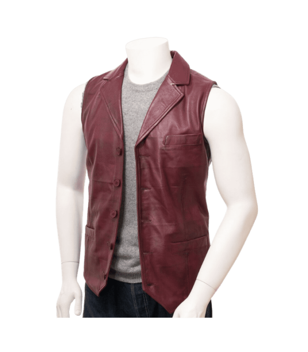 mens burgundy leather waistcoat