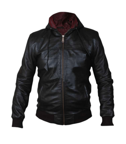 hooded black biker leather jacket