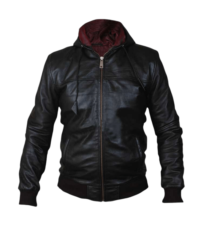 hooded black biker leather jacket