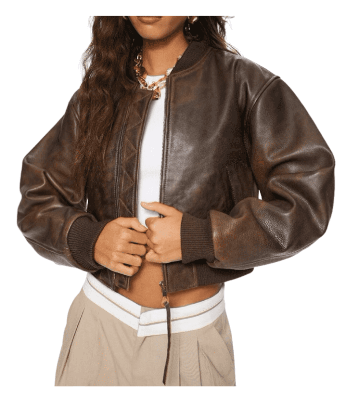 Ladies Brown Bomber Leather Jacket