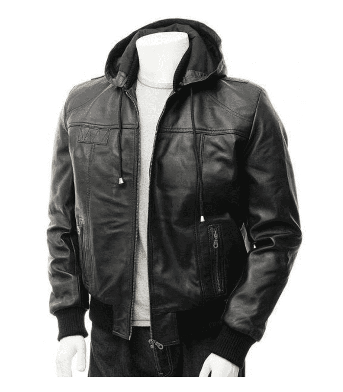 Hooded Black Biker Leather Jacket