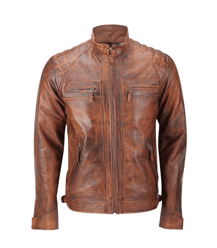 Men Distressed Brown Retro Leather Jacket by Sharsal.