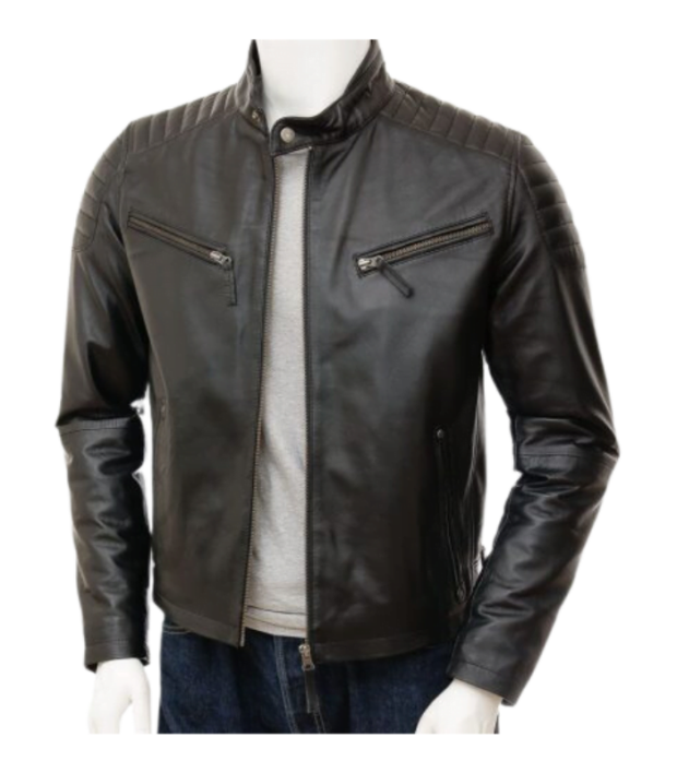 Brown Stand Collar Biker Leather Jacket