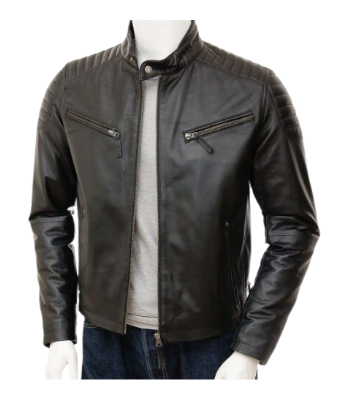 Men’s Brown Stand Collar Biker Leather Jacket