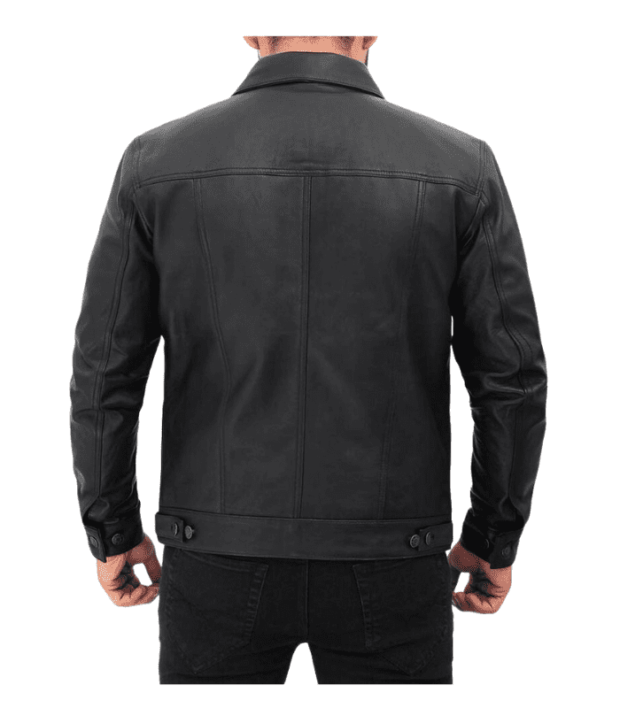 Black Genuine Leather Trucker Jacket For Men's