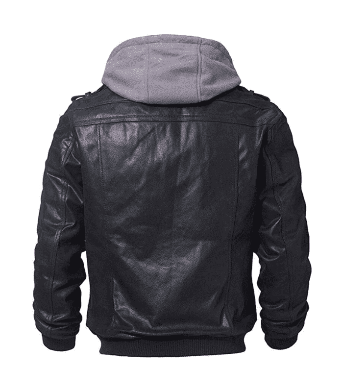 Mens Black Hooded Biker Motorcycle Leather Jacket