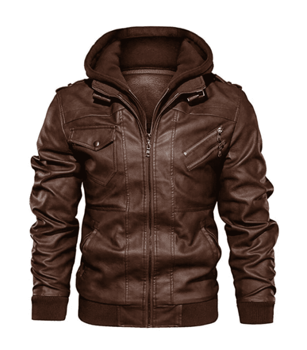 Men's Brown & Black Hooded Biker Motorcycle Leather Jacket