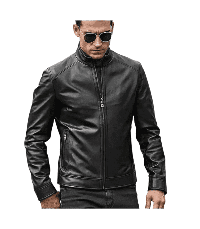 Men’s Black Stand Collar Aviator Leather Jacket by Sharsal