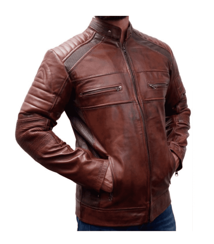 Mens Vintage Reddish Brown Cafe Racer Leather Jacket Leather Biker Jacket