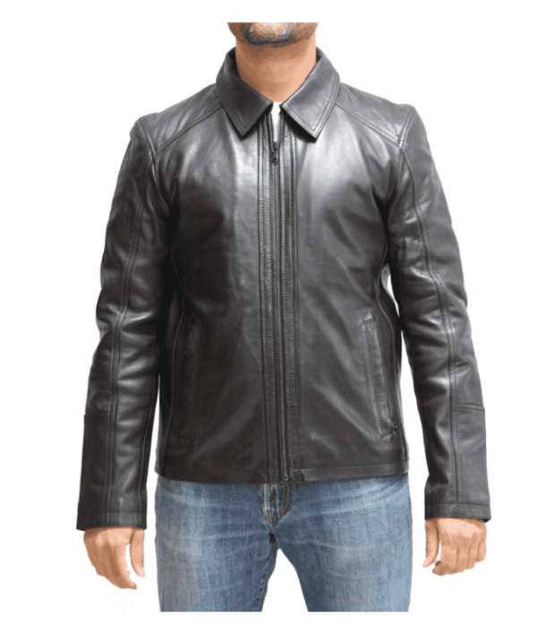 Mens Black Shirt Collar Biker Leather Jacket