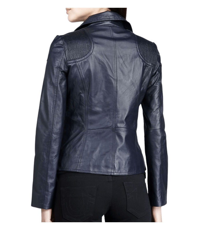 Navy Blue Biker Leather Jacket For Women By Sharsal