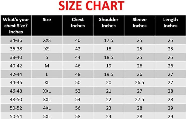 Size Chart Of Retro Biker Jacket
