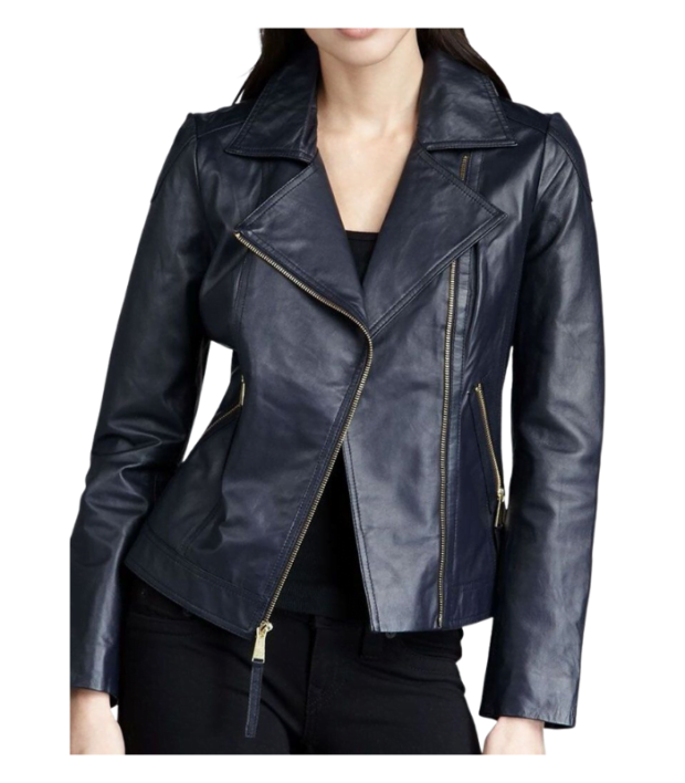 Womens Navy Blue Biker Leather Jacket By Sharsal