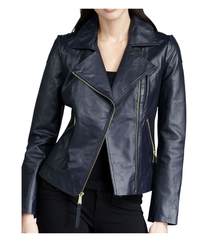 Womens Navy Blue Biker Leather Jacket by sharsal
