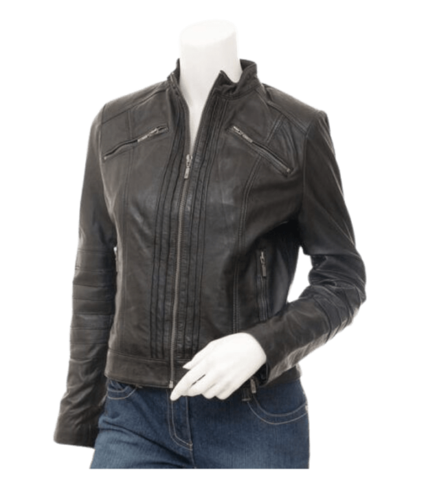 Womans Stand Collar Biker Leather Jacket