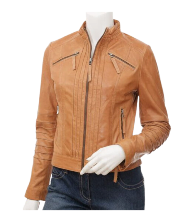 Womens Tan Stand Collar Jacket