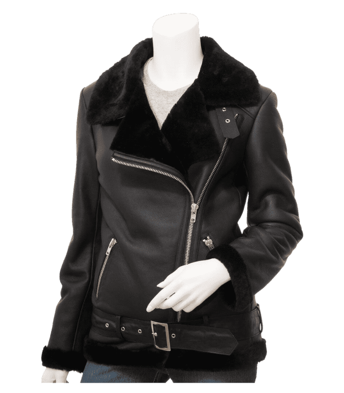 Womens Black Faux Fur Biker Leather Jacket