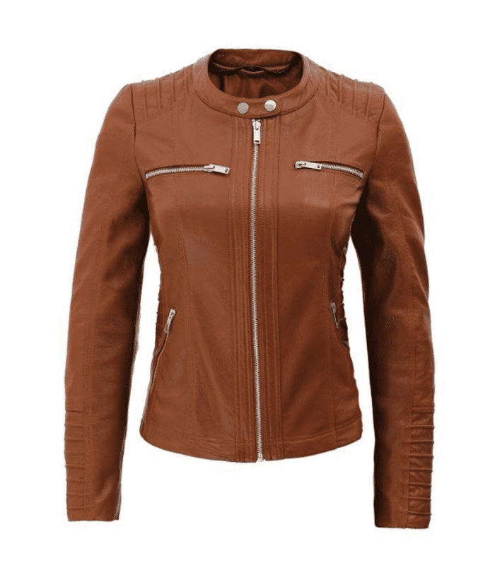 Womens Cognac Leather Biker Hooded Jacket