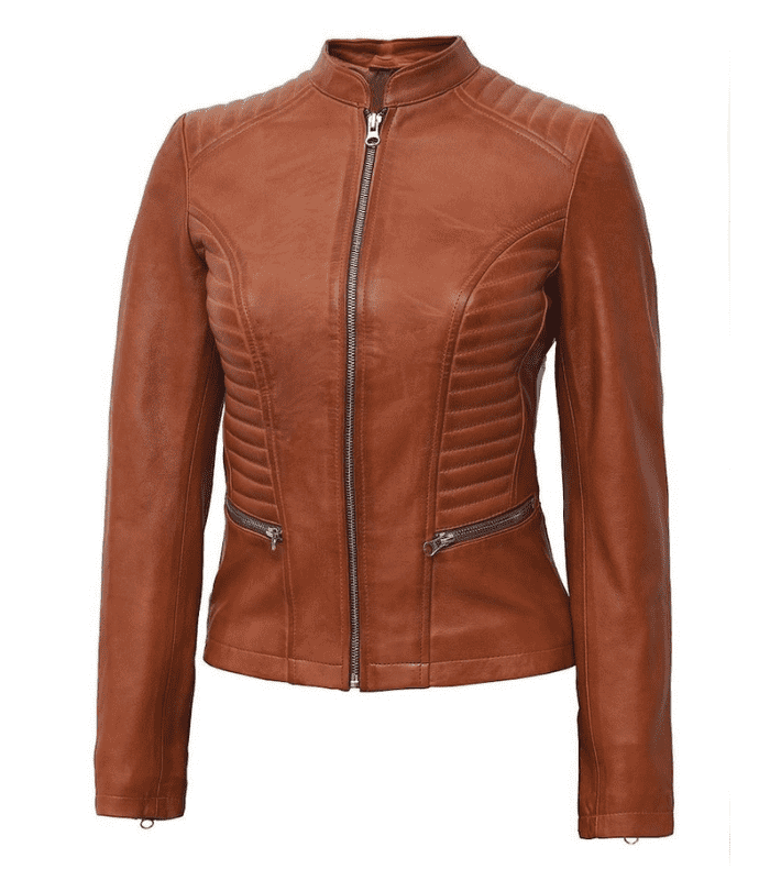 Womens Quilted Tan Brown Leather Motorcycle Jacket Slim Fit Biker Tan Brown Waxed Ladies Leather Jacket