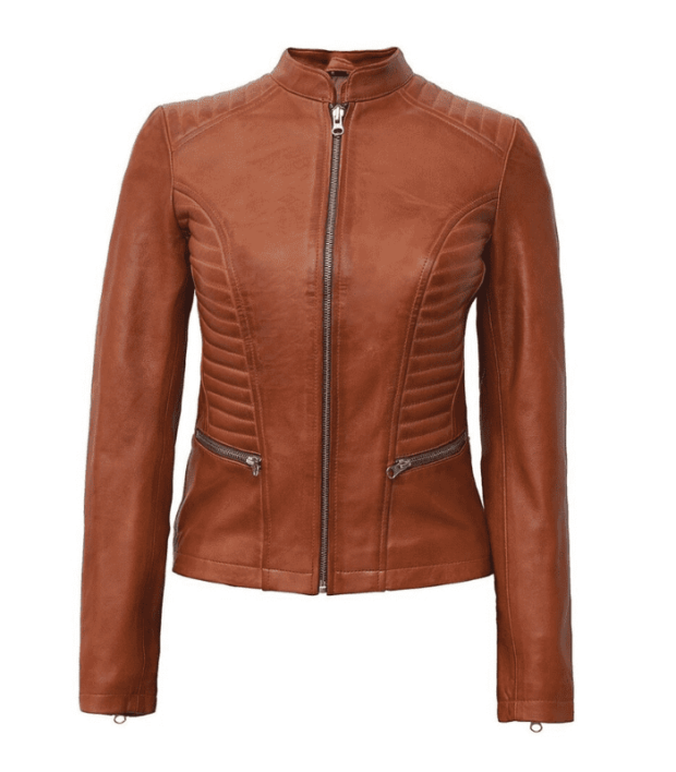 Womens Quilted Tan Brown Leather Motorcycle Jacket