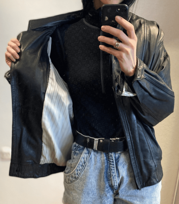 Womens Simple Black Bomber Leather Jacket