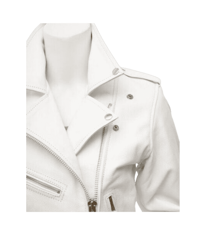 Women’s White Biker Leather Jacket with Zip