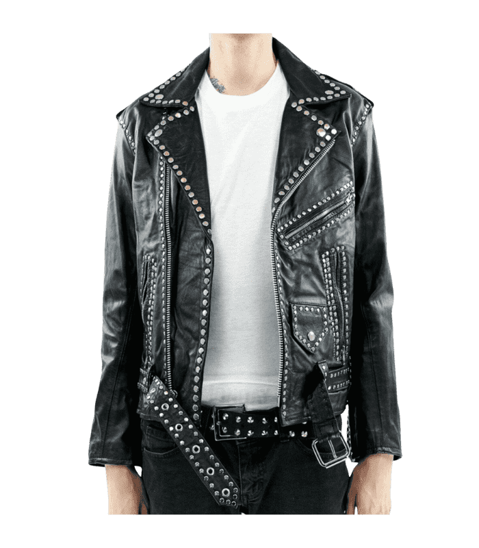 Black Rockstud Belted Leather Jacket By Sharsal