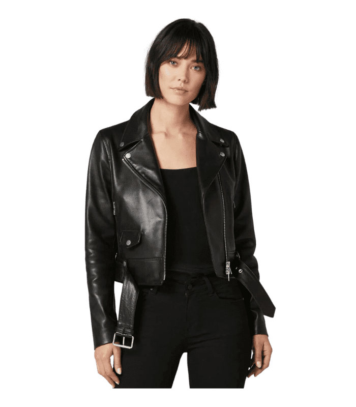 Women’s Black Shirt Collar Biker Leather Jacket by Sharsal.