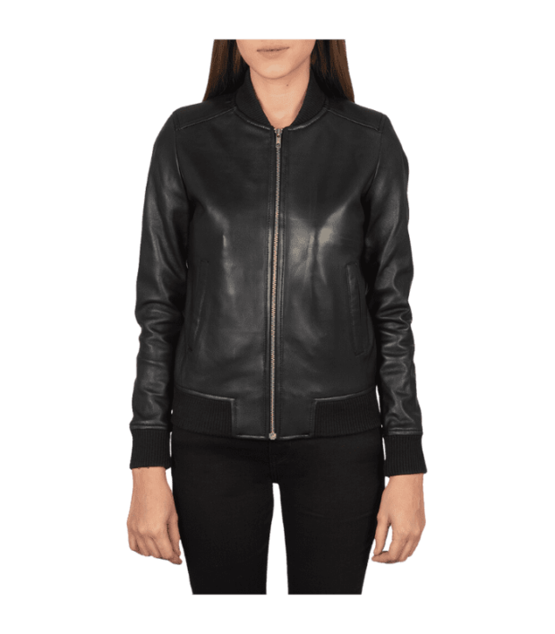 womens black bomber leather jacket by Sharsal
