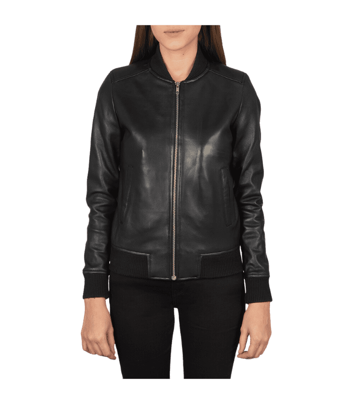 women's black bomber leather jacket by Sharsal