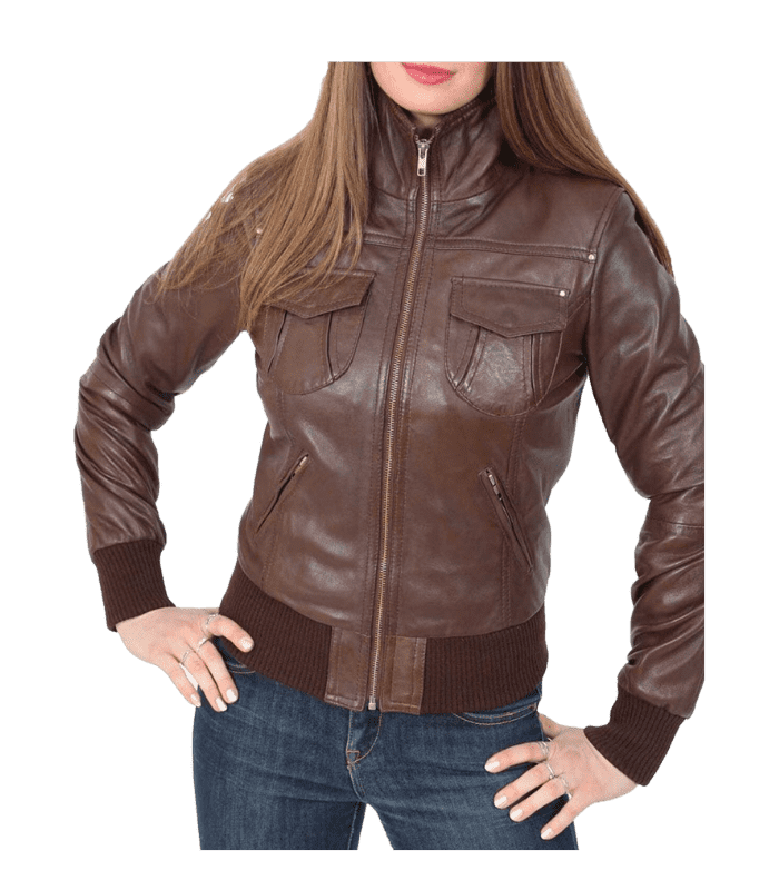 Women’s Classic Brown Bomber Leather Jacket