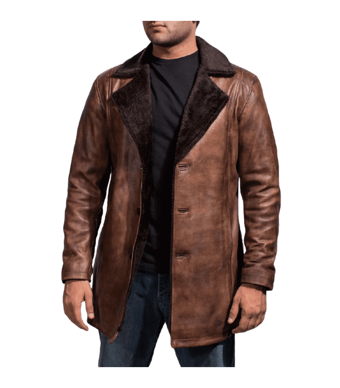 Brown Real Sheepskin Men'S Long Leather Coat By Sharsal.