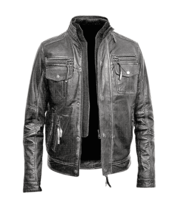 Distressed Black Cafe Racer Leather Jacket by Sharsal.