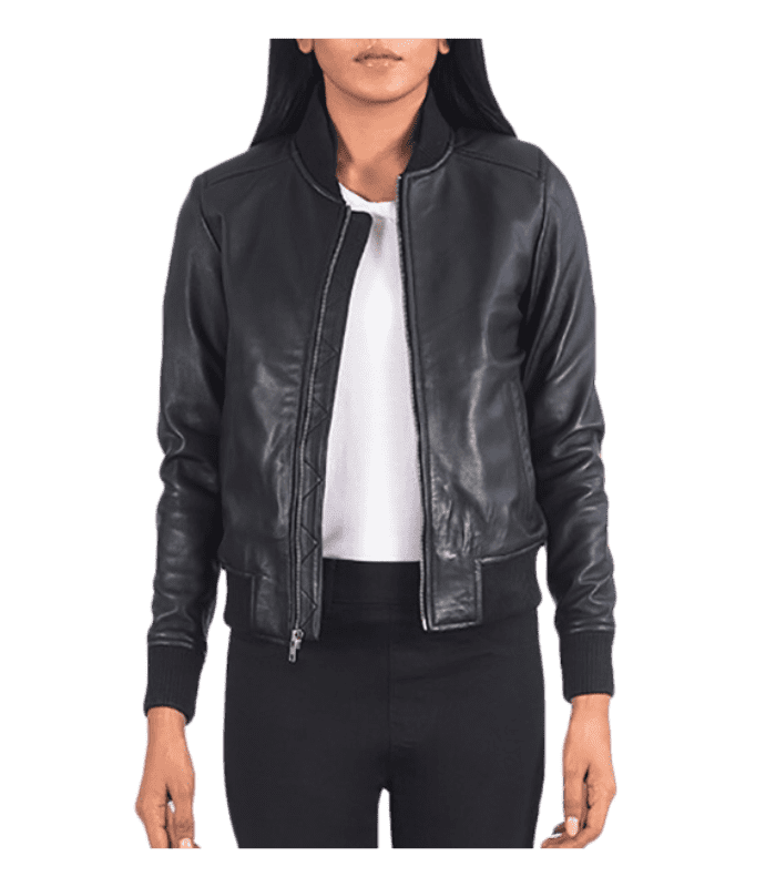 Women Classic Black Bomber Leather Jacketby Sharsal