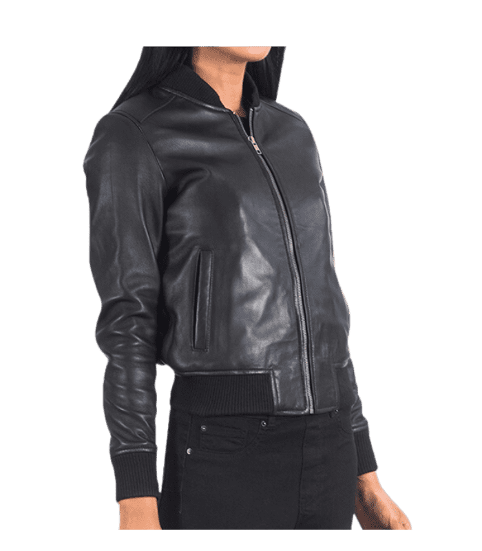 Women Classic Black Bomber Leather Jacket By Sharsal