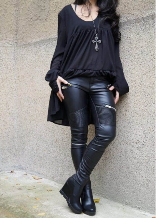 Stretchy, Skinny, Zipper Black, Moto Style, Biker, and Slim Leg Pants
