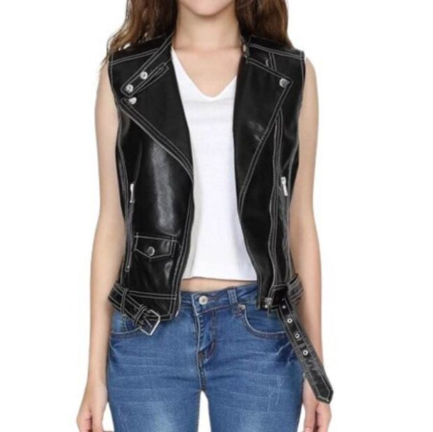 Women Stylish Biker Black Leather Vest