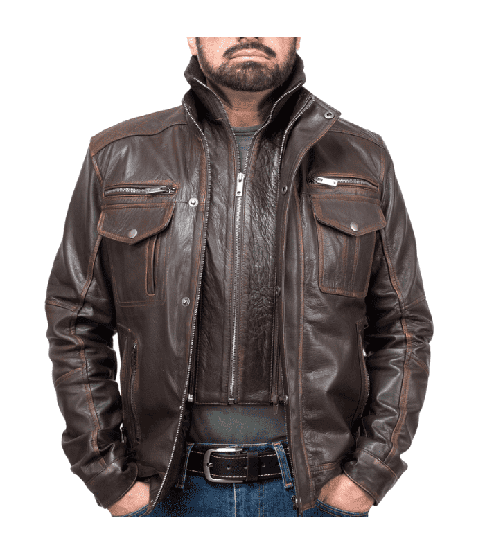 Biker Slim Fit Vintage Distressed Brown Real Leather Jacket by Sharsal